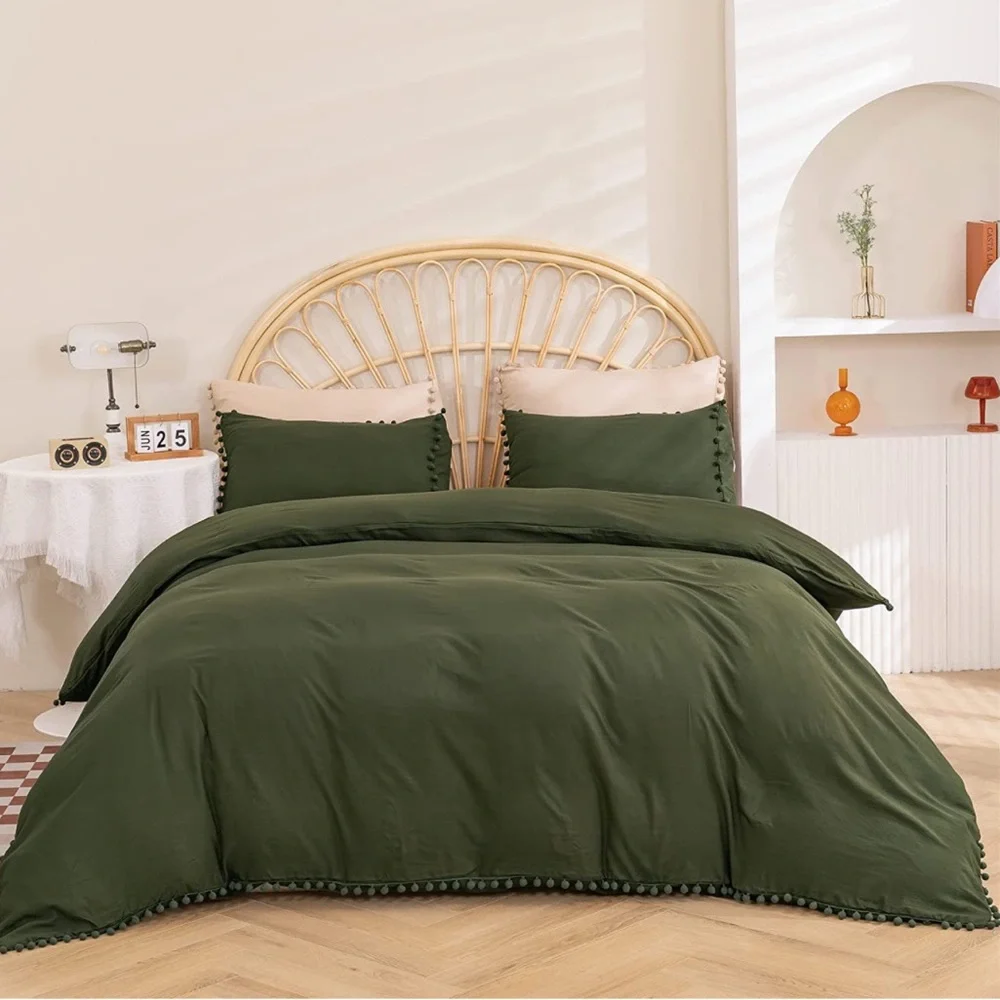 - New OLIVE GREEN Pom Pom Fringe Duvet Cover Set